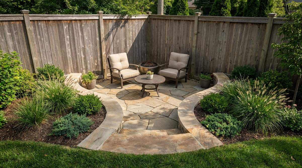 A half-circle patio design creating an intimate seating nook against a fence or wall, ideal for corner garden spaces with curved edges projecting into the garden while maintaining planting areas.
