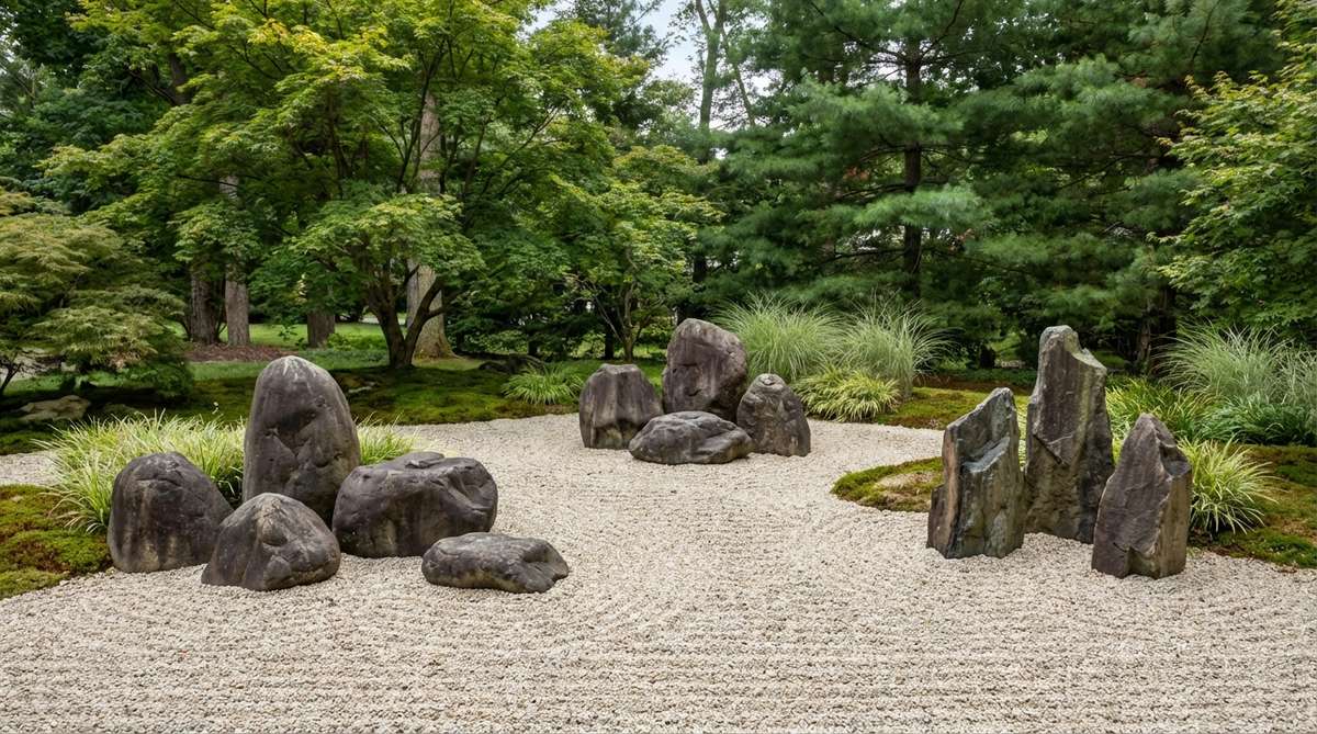 An illustration of the Seven-Five-Three arrangement principle in a Zen garden, showing stones grouped in odd numbers of seven, five, and three with varying heights to create a natural and dynamic composition.