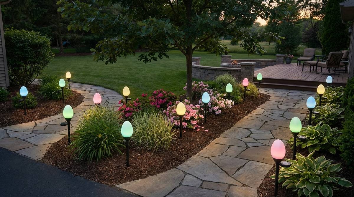 Solar-powered stake lights shaped like Easter eggs, designed for placement in flower beds and along walkways. These lights collect solar energy during the day and automatically illuminate in the evening, providing both decorative and practical lighting for outdoor Easter decor.