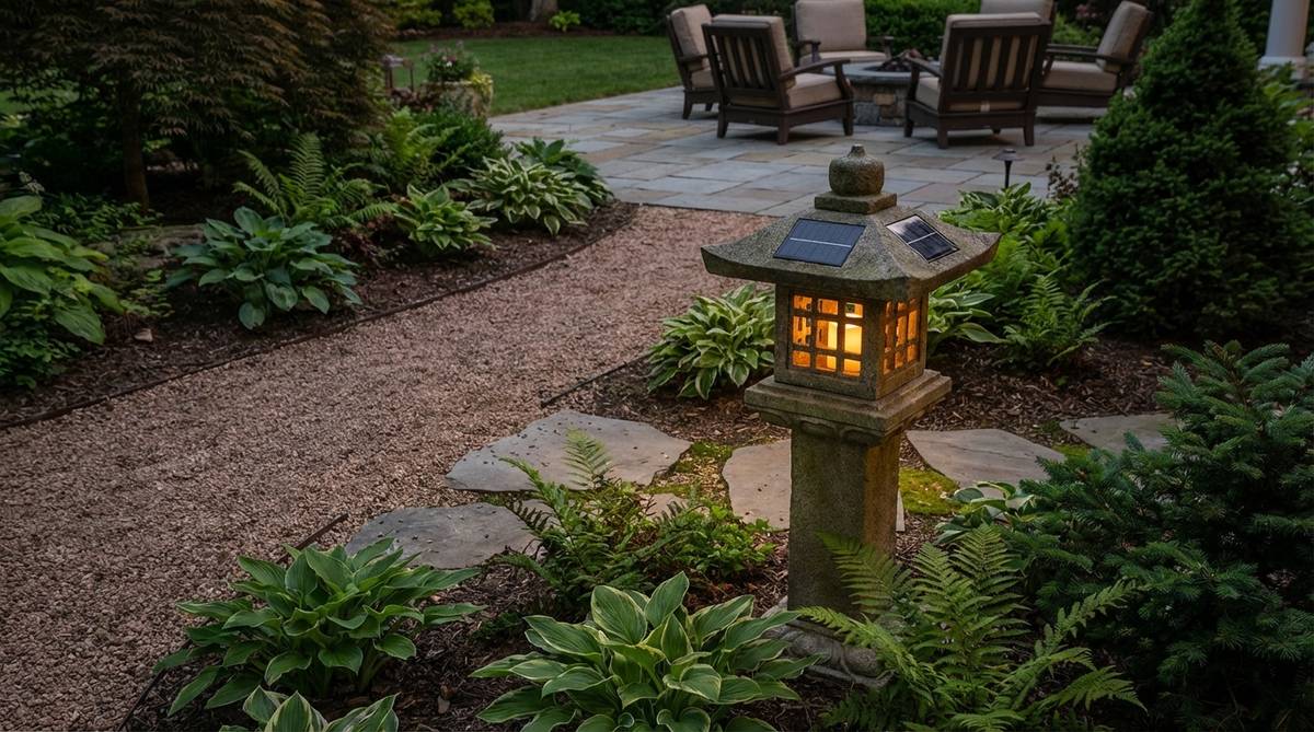 A traditional Japanese garden lantern with integrated solar panels on its roof, featuring warm LED lighting that mimics candle glow. The lantern provides sustainable illumination along garden paths without visible wiring or electrical modifications.
