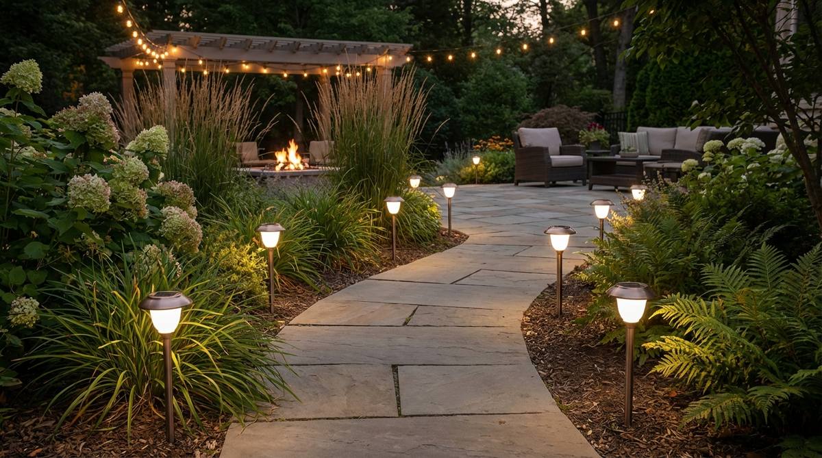 Solar-powered stake lights lining a garden path, providing warm white illumination at dusk for an outdoor decor party. These sustainable fixtures charge during the day and require no wiring, blending seamlessly with firelight and string lights.