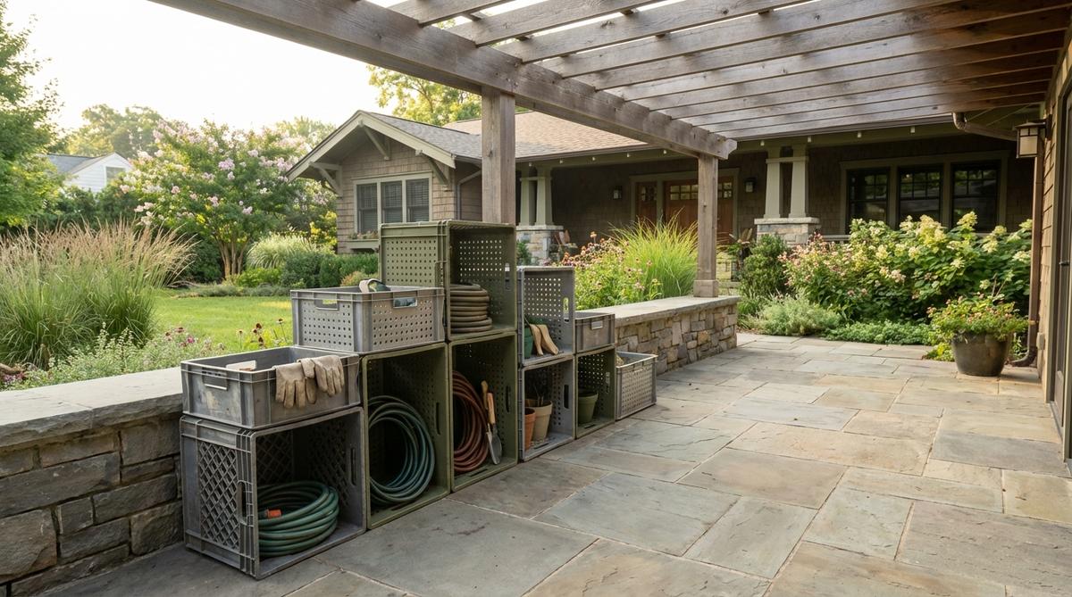Modular plastic or metal stackable storage crates in neutral tones, designed for minimalist garden furniture. These crates allow vertical stacking for customizable storage configurations, promoting organization and air circulation for outdoor items. Ideal for sheds or covered patios, they offer weather-resistant, flexible solutions that align with minimalist principles.