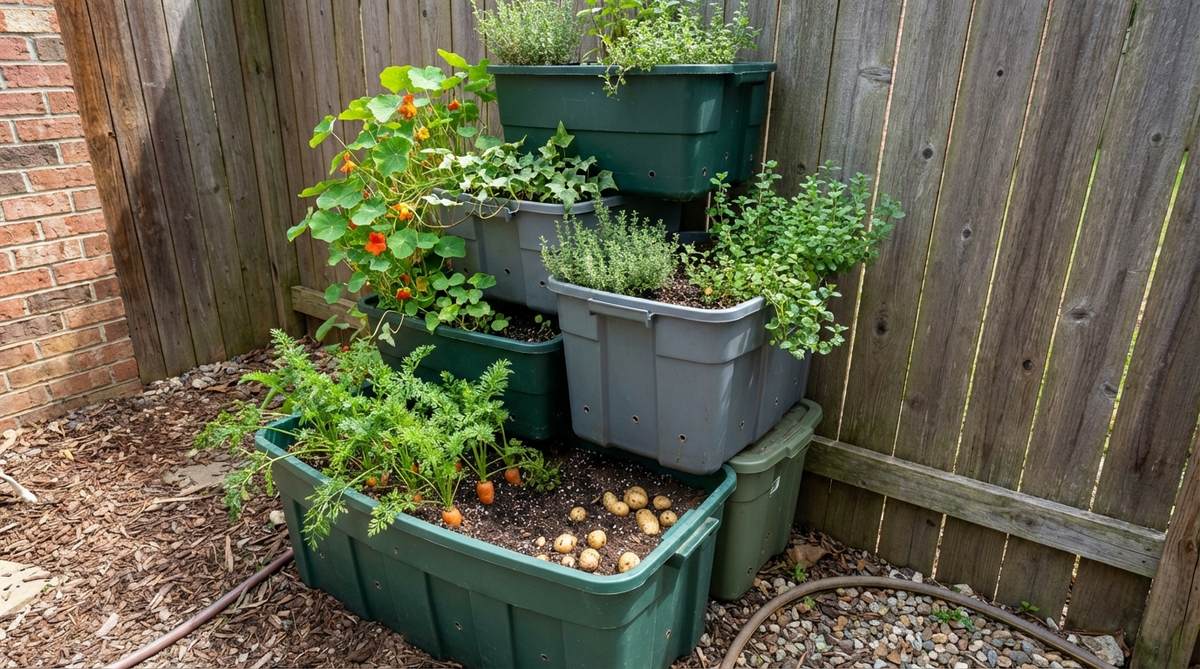 A vertical mini garden bed created by stacking plastic storage bins in a corner. Three to four bins of decreasing sizes are arranged in a stepped formation, with drainage holes drilled in each. The largest bin at the base is suitable for root vegetables, while smaller upper bins cascade to one side, ideal for trailing plants. This repurposed system provides excellent moisture retention and transforms unused corner spaces into productive gardens.