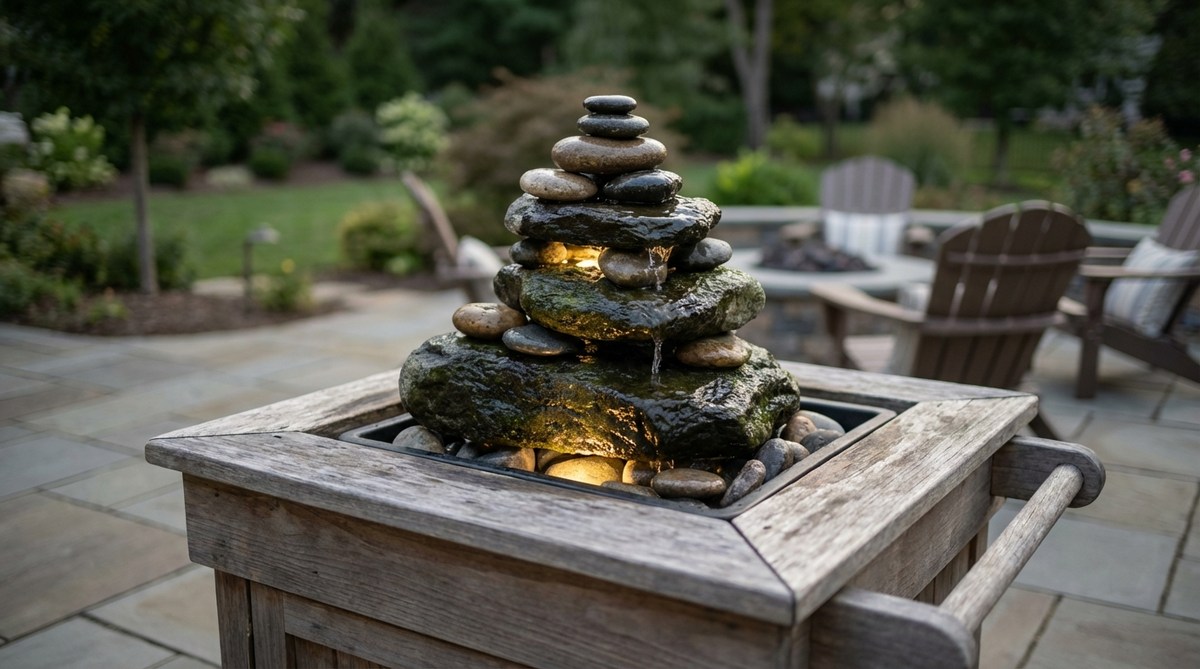 A miniature stacked stone tabletop fountain with polished river stones forming a naturalistic cairn, water trickling down surfaces into a hidden reservoir. Features integrated LED uplighting in the base to illuminate stones and water movement during evening hours. Suitable for indoor console tables or outdoor serving stations to create ambient sound.