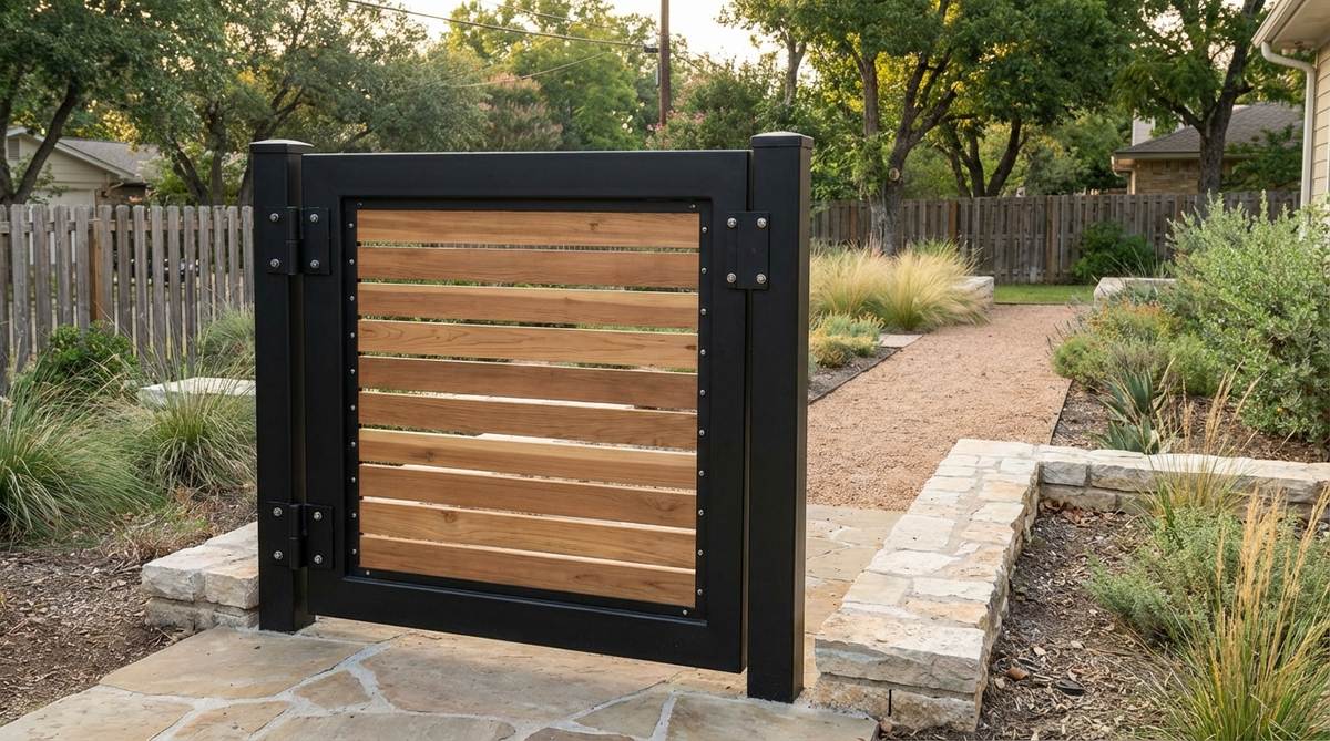 A modern garden gate featuring a durable steel frame with wood slat infill, combining structural integrity with natural aesthetics. The powder-coated steel prevents warping while supporting substantial weight, with stainless steel fasteners securing the wood sections for decades of minimal maintenance.