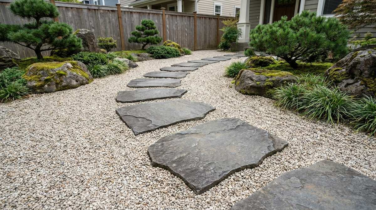 Irregular natural stones arranged in a subtle curve through gravel in a minimalist Japanese garden, creating a stepping stone path that encourages mindful movement by requiring attention to each step. The generous spacing between stones emphasizes negative space and slow, deliberate progression through the garden.