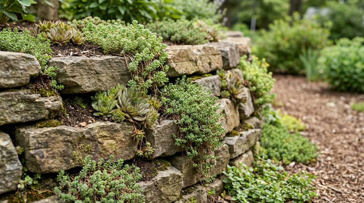 A close-up view of a stone wall in a raised bed garden with deliberate planting pockets between stones. Trailing plants like sedums, hens-and-chicks, and creeping thyme cascade down the stone faces, creating a living wall effect that softens the stone's hardness. The planted pockets blur the boundary between structure and garden, showcasing how gaps between stones can be used for rock garden specimens in minimal soil depths.