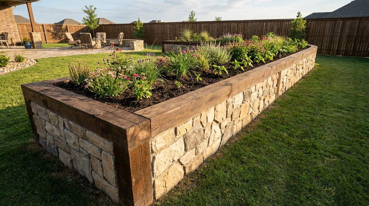 A raised garden edge constructed with landscape timbers as the structural frame and stone veneer as the decorative facing, showing how this combination provides strength at a lower cost than solid stone construction.