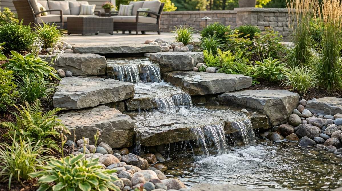 A stepped stone waterfall cascade in a garden setting, showing flat stones arranged in tiers to create water spillways. Water flows over each level with distinct splashing and sheeting effects, with stones positioned at a slight forward tilt to project water outward and prevent algae growth.