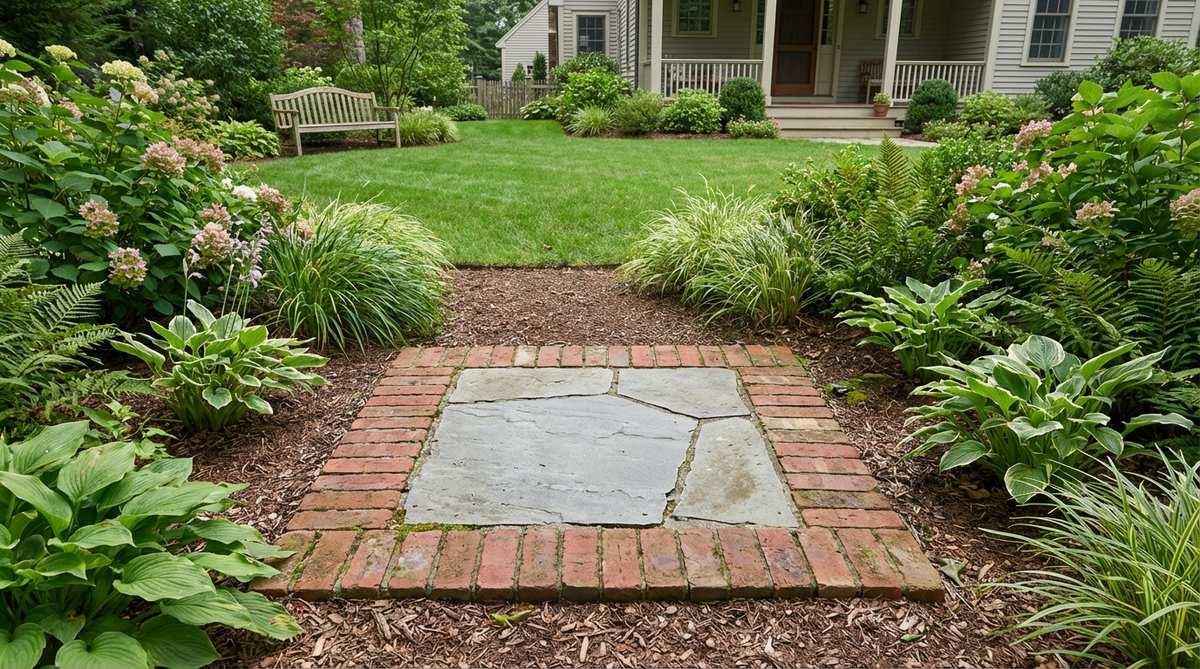 A decorative stepping stone platform featuring a central flagstone or concrete paver surrounded by a brick border, creating a defined 20-inch square platform with Victorian-era architectural charm. The contrasting materials add visual depth while the brick edges protect the center stone from damage.