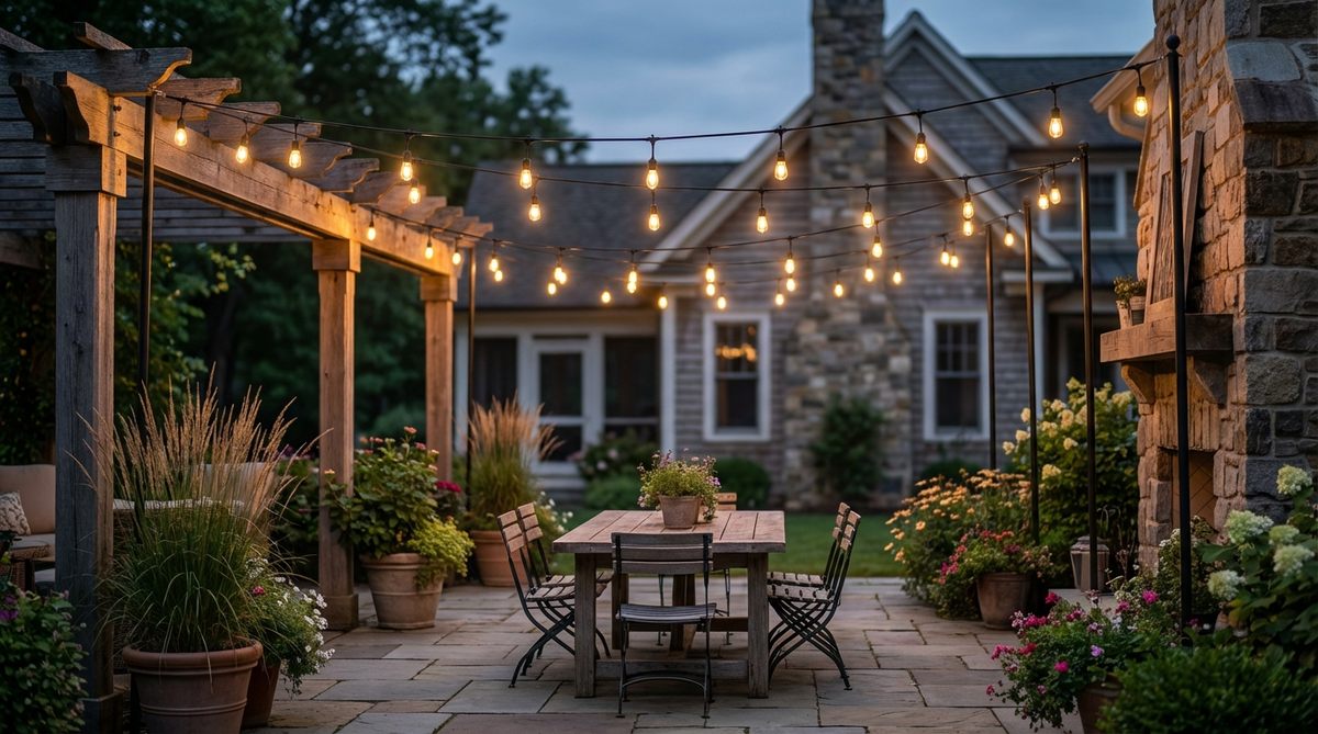 A festive string light backdrop installation with cafe-style bulbs arranged in horizontal rows, creating warm overhead lighting for outdoor dining areas with a casual bistro atmosphere. The installation features weatherproof commercial-grade strands mounted on permanent hooks with proper wiring to outdoor outlets.