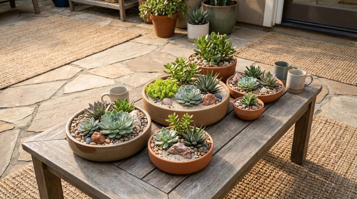 A collection of succulents arranged in shallow ceramic dishes, creating miniature desert landscapes with varied shapes, colors, and textures. Perfect for coffee tables or shelving in earthy boho decor, these tabletop gardens feature terracotta saucers or handmade pottery for material continuity and require minimal water.