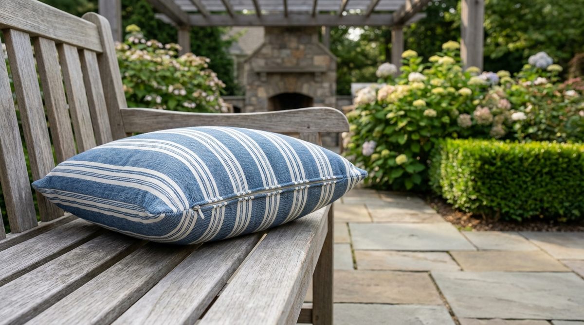 A durable Sunbrella outdoor pillow with fade-resistant, solution-dyed acrylic fabric that withstands UV damage three times longer than standard polyester, maintaining vibrant colors through years of sun exposure. Features a removable cover with zipper for easy maintenance.