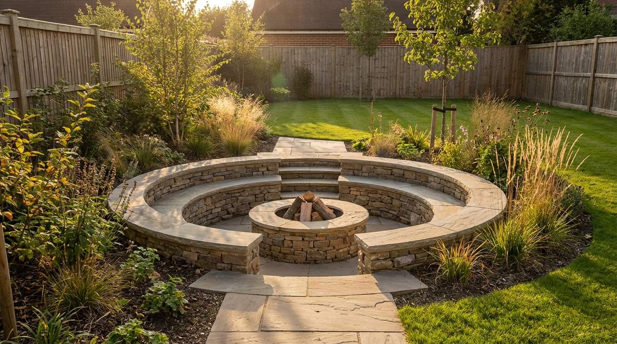 A sunken fire pit seating area in a small garden, featuring a circular excavated zone with integrated bench seating around a central fire feature. The design includes natural stone retaining walls with smooth coping stones that serve as bench surfaces, creating a defined space without blocking sight lines. This configuration is ideal for flat gardens, providing wind protection and extending the outdoor entertaining season.