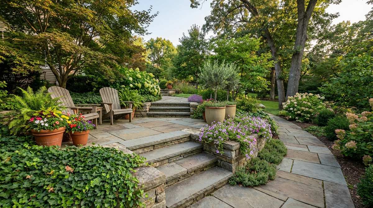 A stone garden path featuring terraced flagstone landings with wide platforms every 4-6 steps, designed to break up long stair runs, provide resting points, and enhance safety. The landings use larger flagstone pieces to differentiate from standard treads, creating garden destinations for container displays or seating. The terraced design reduces the perceived steepness of slopes, with trailing plants softening the edges and adding vertical interest.
