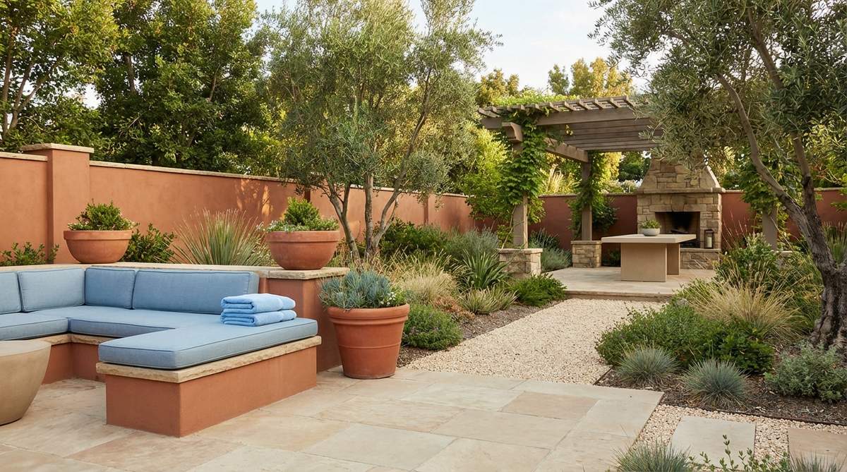 A harmonious interior design palette featuring warm terracotta and cool soft blue, creating dynamic tension in bedrooms or bathrooms. Shows terracotta accent walls, decorative pottery, soft blue bedding or towels, and neutral cream or beige grounding elements, illustrating contemporary earthy tone combinations.