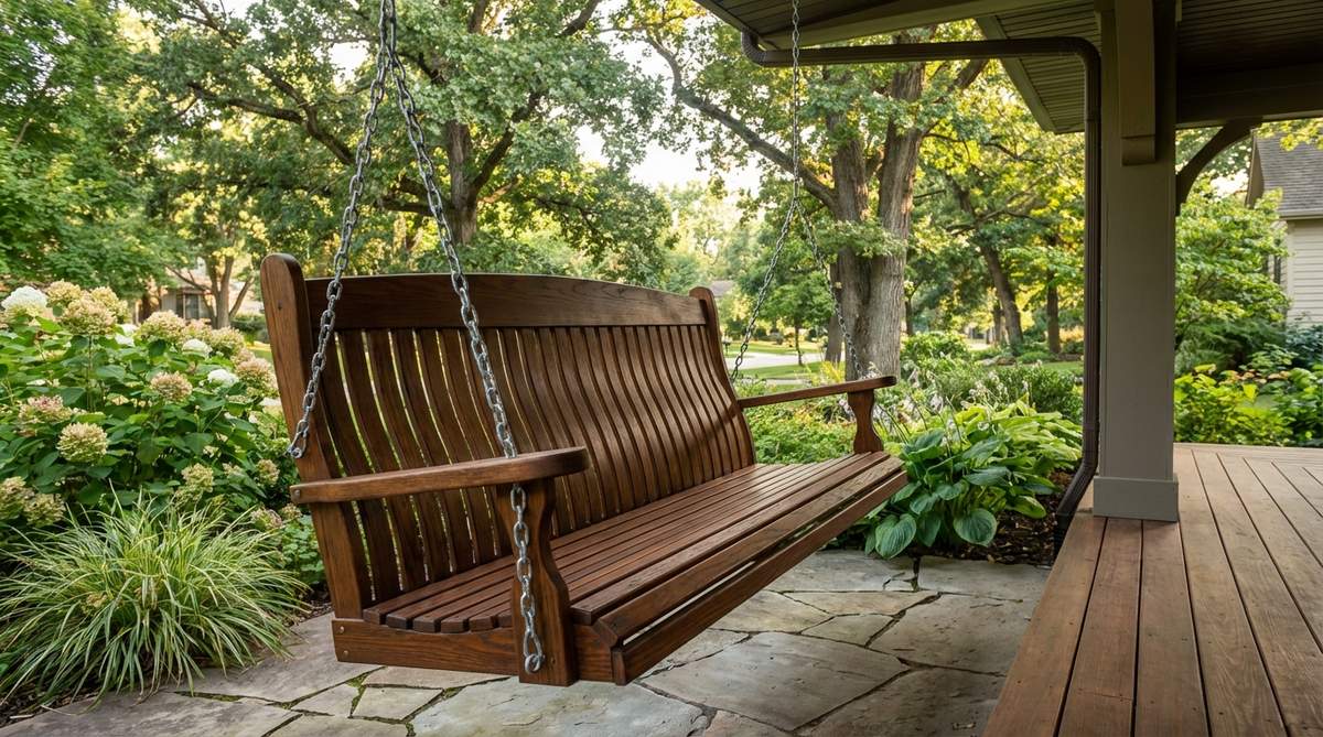 A classic wooden three-person porch swing with contoured slats and a supportive backrest, installed on a porch with durable chains for adjustable height. The swing is shown in a relaxed garden environment, featuring smooth motion and well-coated surfaces to protect against moisture and UV damage, ideal for comfortable outdoor seating.