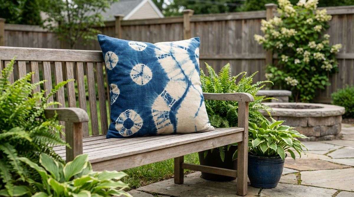 Japanese shibori resist-dyeing techniques create organic circular and linear patterns in indigo and natural tones on this outdoor cushion. The artisan process ensures no two pillows match exactly, embracing bohemian individuality while bringing movement and fluidity to geometric-heavy arrangements.