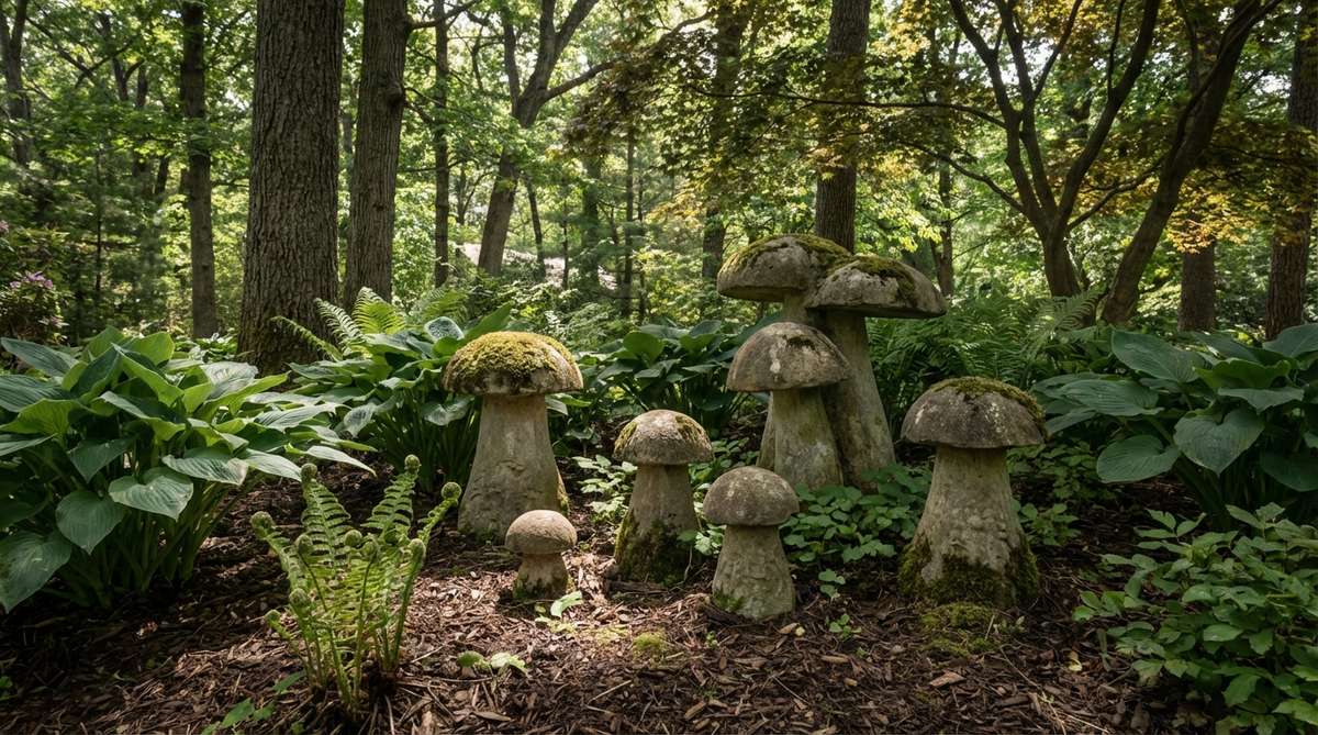 A group of carved stone mushroom sculptures in varying heights, arranged in a cluster to naturalize shaded garden areas. These whimsical toadstool statues blend organically with woodland gardens, hostas, and fern beds, creating visual interest through their repeated organic forms.