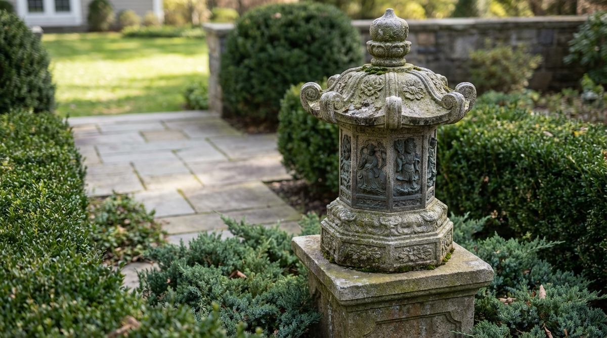 A granite garden lantern replicating the ornate bronze lanterns of Nara's Tokudaiji Temple, featuring elaborate relief carvings and decorative finials that capture metalwork detailing in stone form. Ideal for formal garden areas where architectural details can be appreciated from 6-10 feet viewing distance.