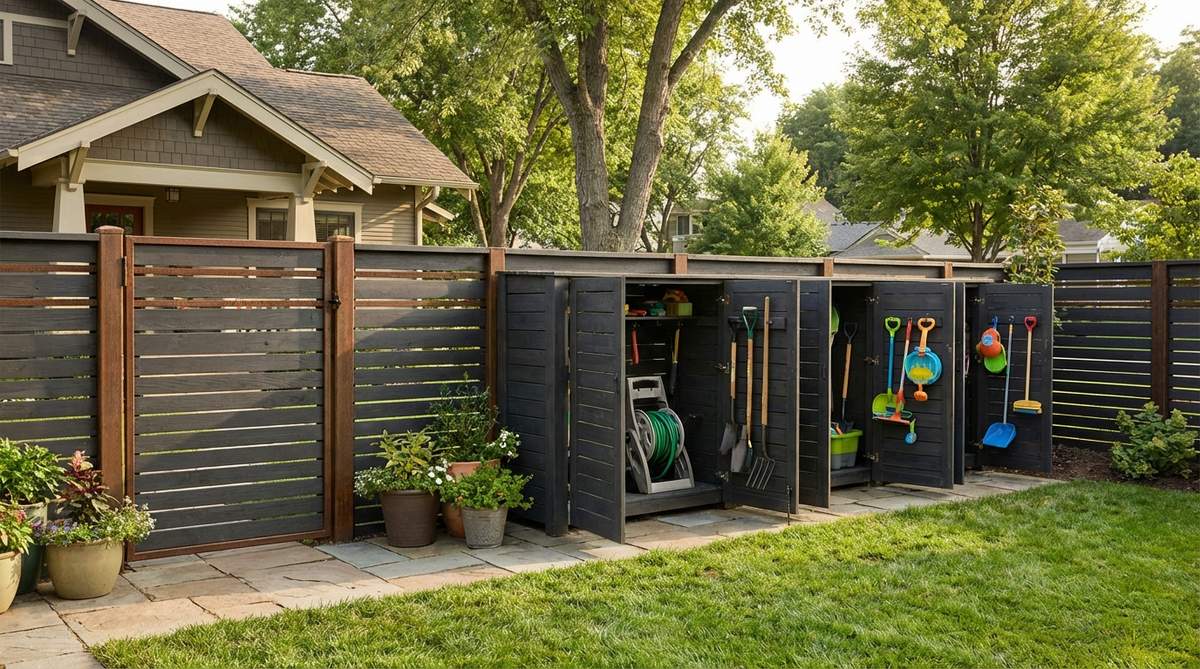A modern garden fence with hinged panels that open to reveal hidden storage compartments for garden tools, hoses, and outdoor toys. The design maintains clean aesthetics while providing convenient, weatherproof storage with interior hooks for organization.