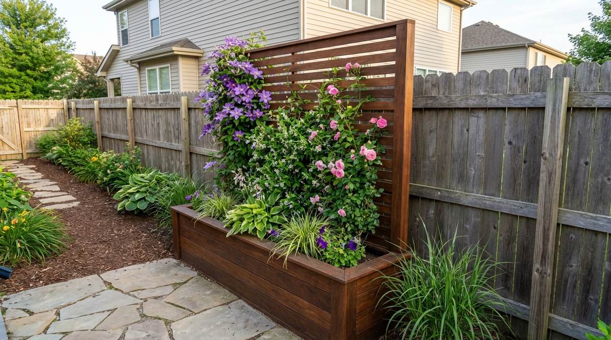 A ground-level rectangular planter box with an integrated vertical trellis panel, ideal for climbing plants like clematis, roses, or jasmine. This design offers privacy screening with dimensions of 24 inches deep and 50-72 inches tall, perfect for narrow outdoor spaces.