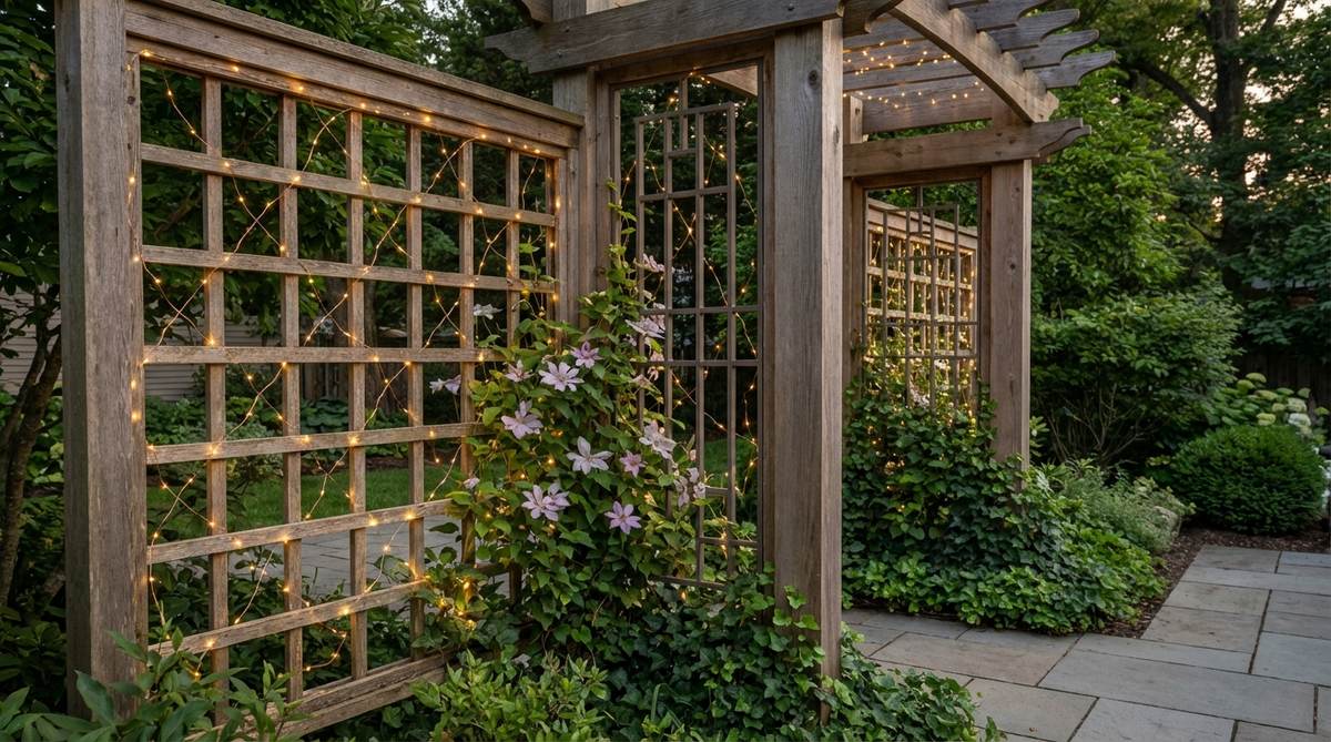 Fine copper wire fairy lights woven through a lattice panel trellis in figure-eight patterns, highlighting climbing plants and architectural screens with evenly distributed LEDs.