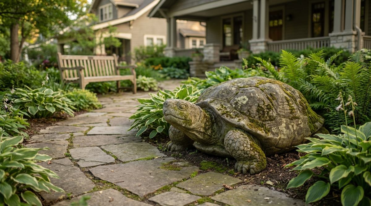 A stone turtle sculpture symbolizing longevity and stability, placed along a garden pathway with natural moss growth, representing patience and gradual enlightenment in Asian cosmology.
