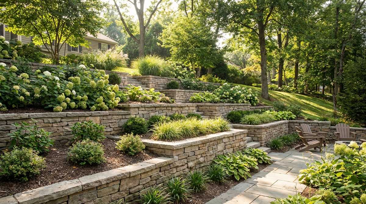 A small garden retaining wall design featuring multiple shorter walls creating level planting platforms on steep slopes. Each terrace provides flat growing space while reducing structural demands. The stepped profile adds visual interest and improves soil drainage.