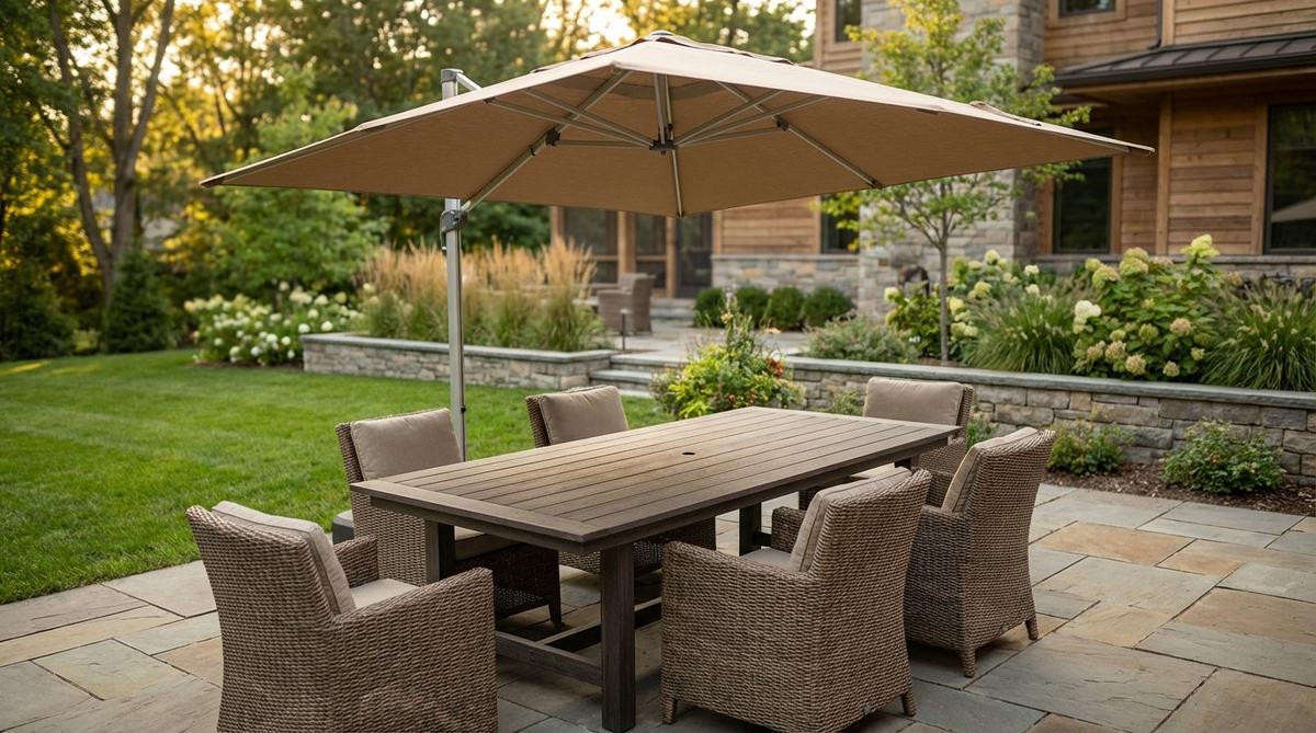 A modern garden table with a built-in umbrella hole, featuring a UV-resistant cantilever umbrella that provides shade without center pole obstruction, extending usable dining hours in outdoor settings.