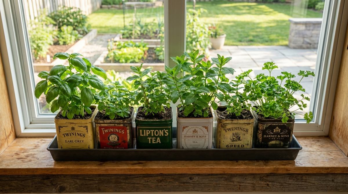 A collection of vintage tea tins repurposed as herb planters, arranged in a lineup on a windowsill. Each tin features bold graphics and typography, overflowing with fresh herbs like basil, mint, or parsley, creating a charming and eco-friendly mini herb garden. The setup includes a waterproof tray for drainage and easy maintenance, showcasing a low-cost, customizable container gardening idea.