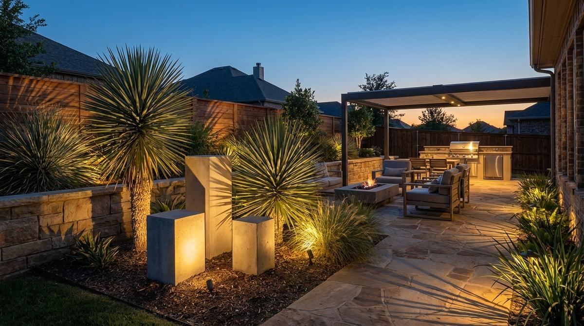 Modern garden decor featuring uplighted geometric forms with ground-level LED fixtures illuminating architectural plants and sculptural elements from below, creating dramatic shadows and emphasizing three-dimensional form in contemporary landscape design.