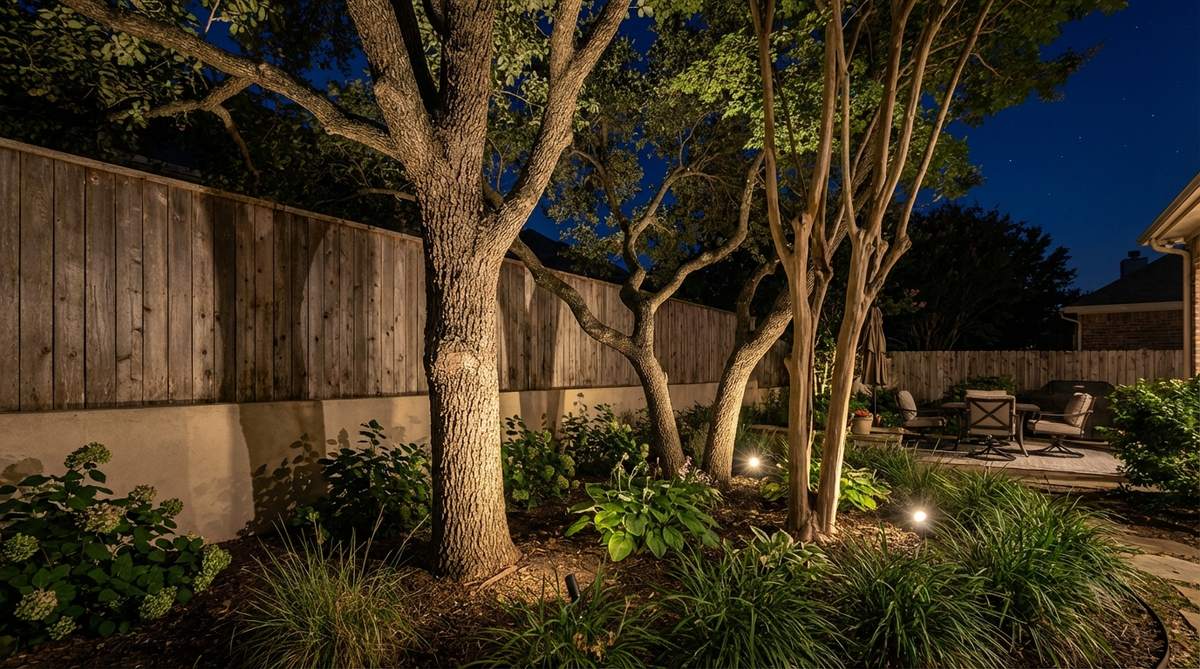 Ground-mounted LED uplights positioned 2-3 feet from tree trunks, casting dramatic shadows on walls and fences while highlighting bark texture and branch structure against the night sky in a small backyard garden.