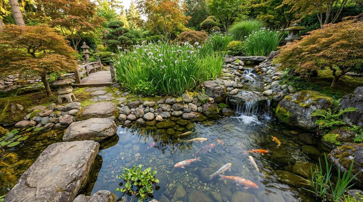 A serene view of two distinct ponds in a Japanese garden, connected by a gentle stream or waterfall. The upper pond functions as a plant filtration wetland, densely planted with water iris and rushes to filter water naturally, while the lower basin serves as the main habitat for koi fish, with clear water and natural circulation provided by gravity flow.