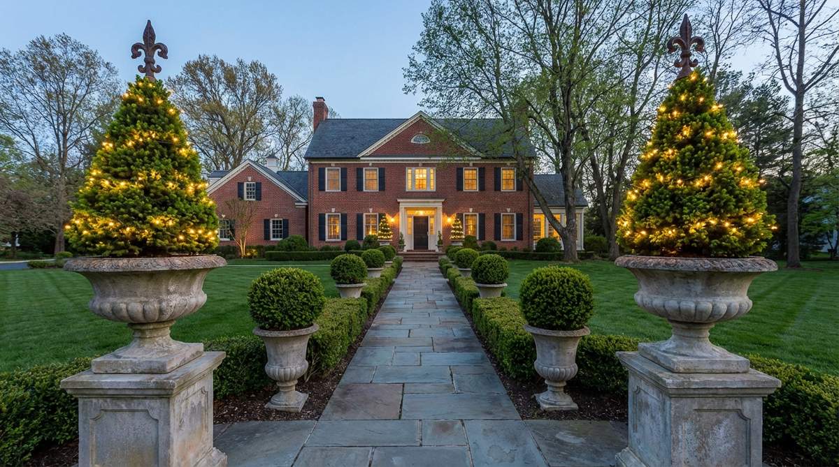 A formal garden display featuring concrete or stone urns with precisely trimmed evergreen topiaries in pyramidal or spherical shapes, such as boxwood or dwarf Alberta spruce. The topiaries are elegantly wrapped with single-color LED mini lights that follow the plant contours, emphasizing their geometric forms. The urns are topped with decorative finials or ornaments, creating a symmetrical and classical arrangement suitable for Colonial, Georgian, or Federal architectural styles.
