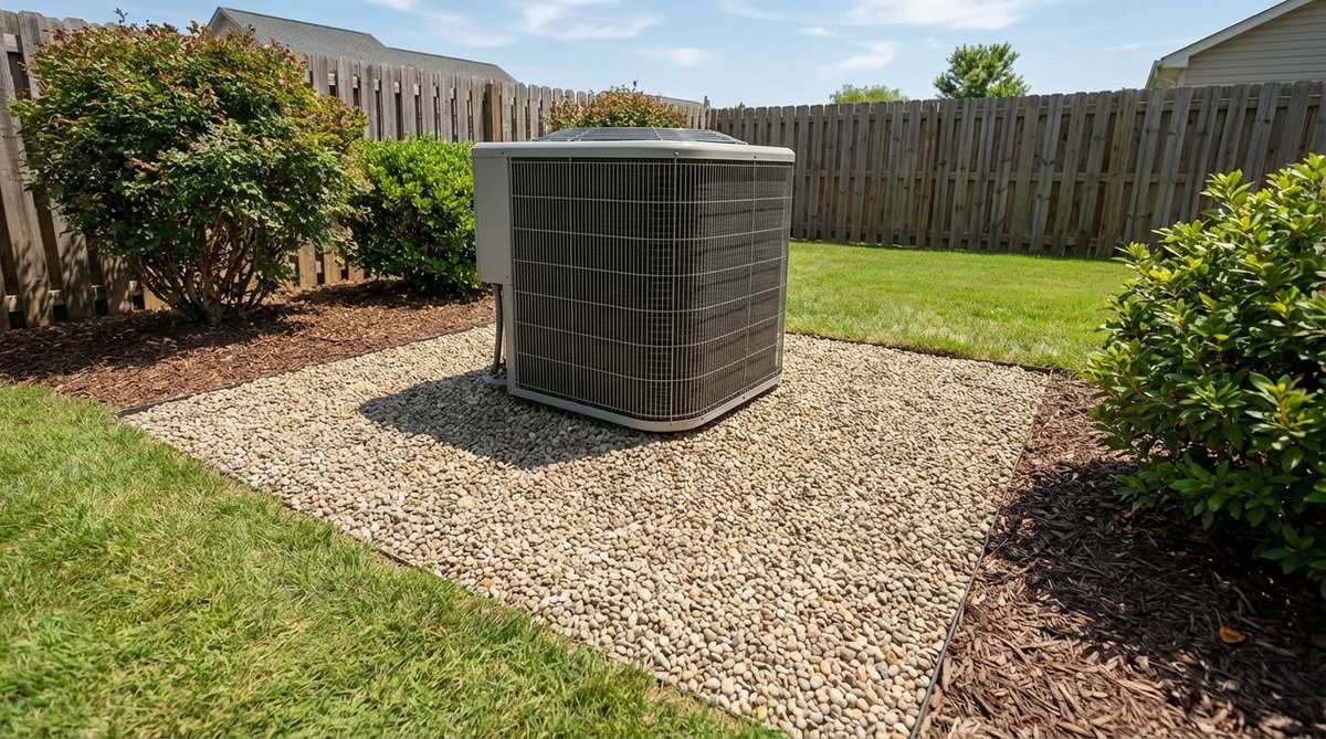 A pea gravel utility access pad surrounding an air conditioning unit, providing stable footing for service access while handling condensation and runoff. The gravel extends 2 feet beyond the equipment on all sides with 4 inches of depth over a compacted base, blending neutrally into the landscape.