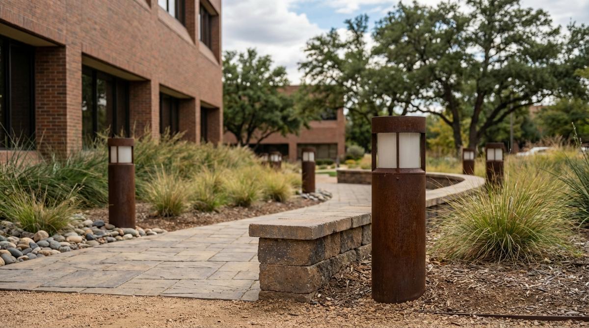 Heavy-gauge stainless or corten steel bollards with tamper-proof fasteners and polycarbonate lenses, designed to withstand impact and vandalism in public garden lighting installations, commercial settings, institutional campuses, and high-traffic urban environments.