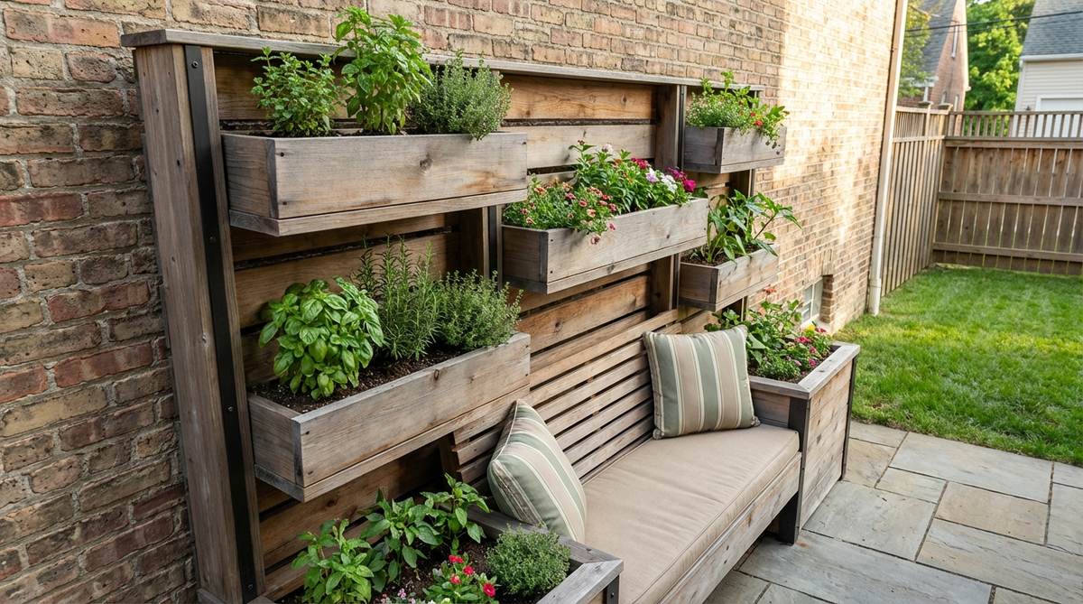 A compact vertical planter with an integrated bench, ideal for small spaces like narrow side yards or balconies. Features tiered plant stands and a functional seating area, measuring 18-24 inches deep with 5-6 feet of vertical growing space. Includes removable planter boxes for easy seasonal crop rotation and winter storage.