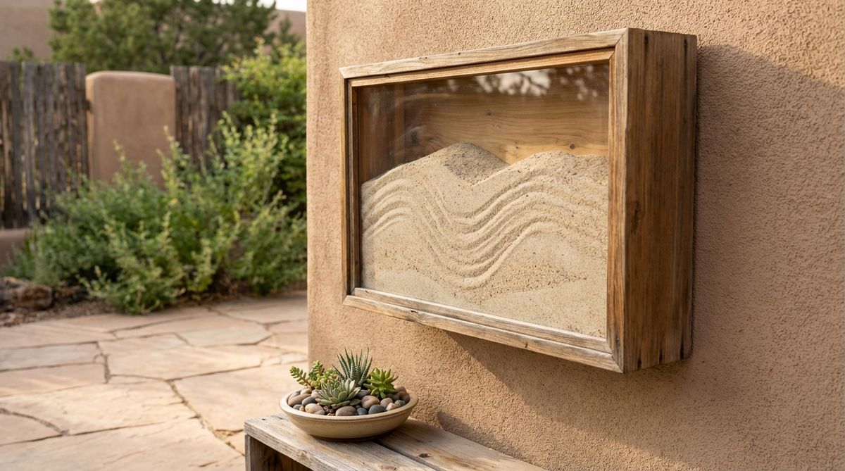 A shallow shadow box mounted on a wall, holding sand with a transparent front panel, designed for vertical space-saving in garden or interior zen settings. Ideal for small apartments or urban environments, it allows quarterly rotation to refresh sand patterns as a meditative practice.