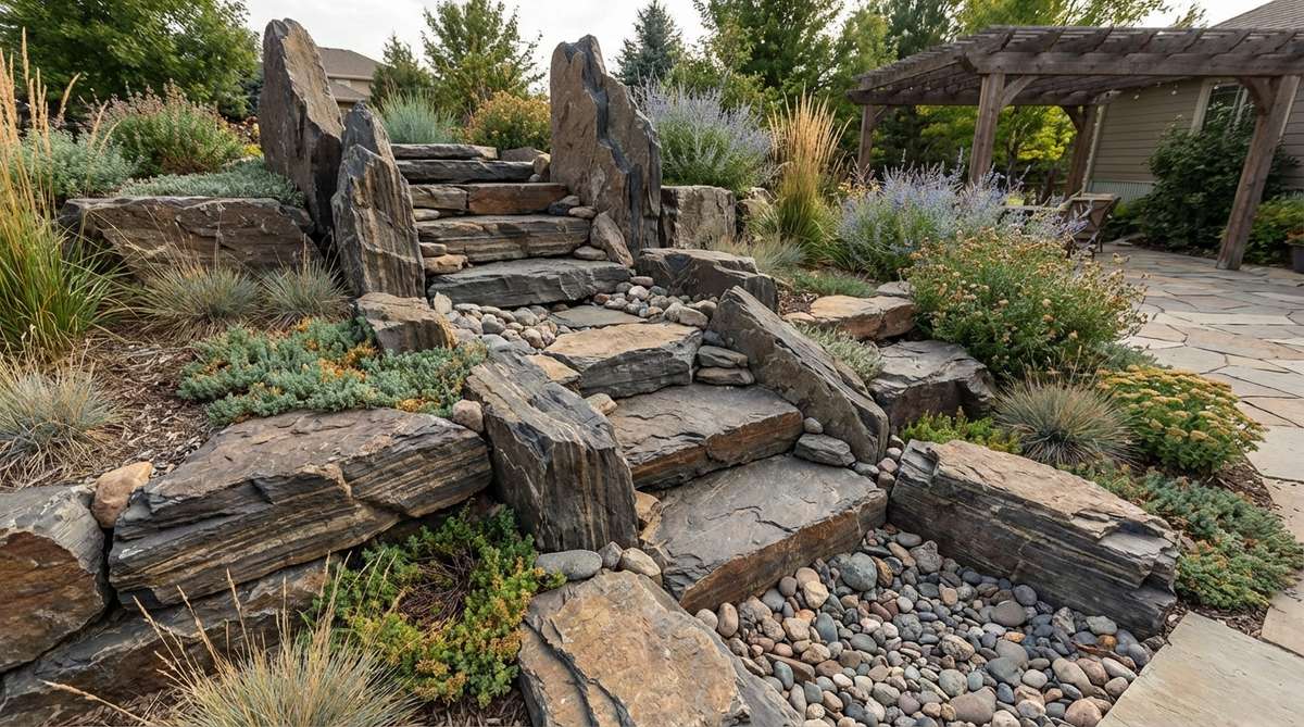 A depiction of vertical waterfall stones arranged in a stepped formation to create a dry waterfall effect, with tall stones at the top and shorter ones below, angled forward to mimic water cascading over cliffs, emphasizing horizontal stratification lines for a natural cliff illusion.