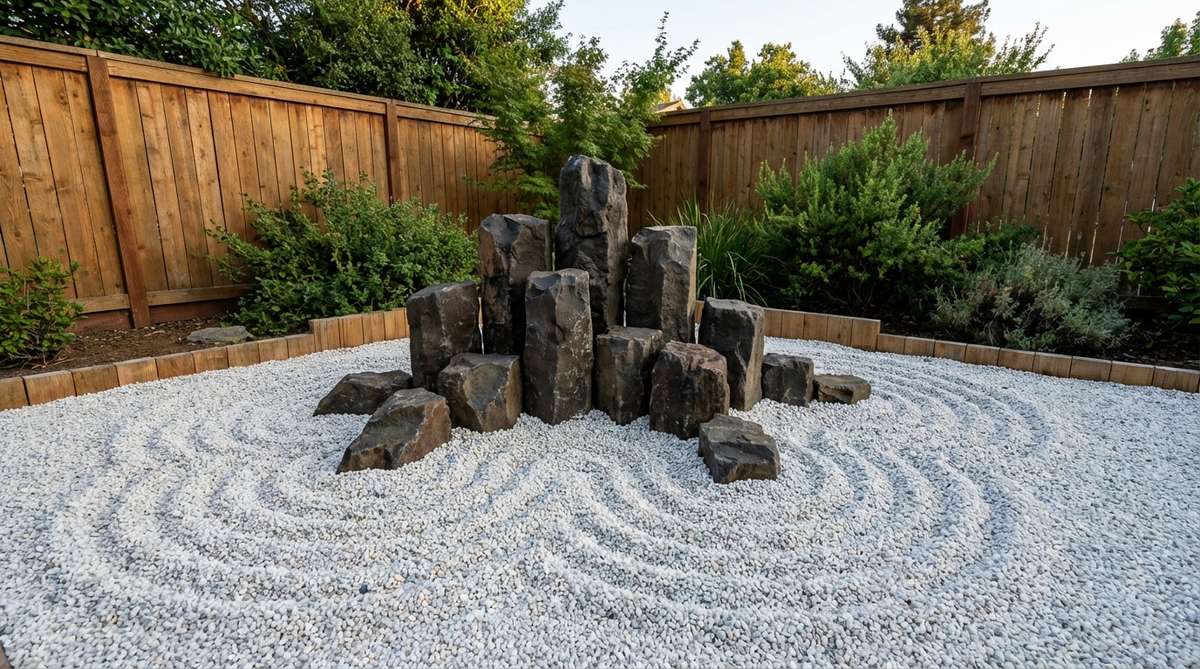 A Japanese stone garden design featuring dark volcanic stones clustered tightly to represent a volcanic island emerging from ocean depths. The composition uses basalt or other dark rocks contrasted with white gravel to emphasize dramatic emergence, with stones stacked vertically from larger base pieces to smaller peak rocks. Aggressive wave patterns raked around the base suggest turbulent waters meeting resistant land, creating strong visual impact through color and texture contrast. This design is particularly effective in smaller gardens where concentrated dramatic elements compensate for limited space.