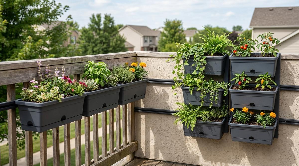 A close-up view of modular planter boxes attached to a rail system on a balcony wall, showcasing flexible horizontal and vertical arrangement options. The UV-stabilized plastic modules are durable and allow easy swapping of plants for seasonal displays, with a clean, consistent design.