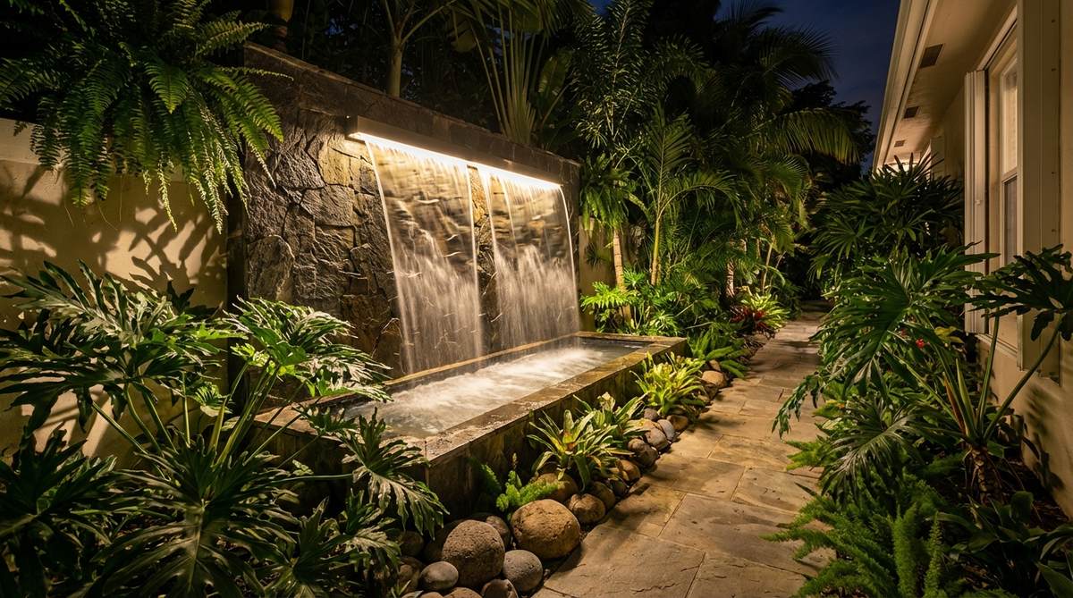 A dramatic wall-mounted water spill feature in a tropical garden, with water sheeting down a vertical surface into a collection basin below. Installed on a boundary wall with lush tropical foliage surrounding it, creating a space-efficient water feature perfect for narrow side yards. The scene is backlit at night for a theatrical tropical atmosphere, highlighting the flowing water and enhancing the garden's ambiance.