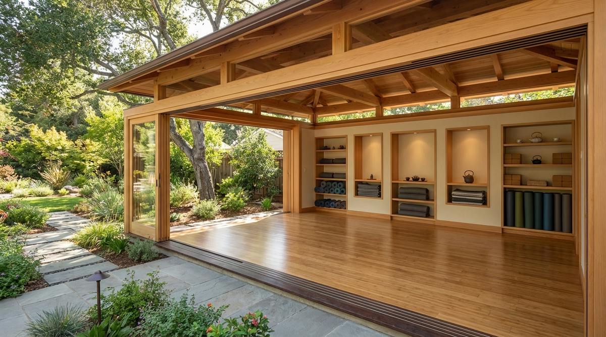 A serene yoga studio space inspired by Japanese tea house principles, featuring smooth bamboo flooring, radiant heating, discreet storage niches for yoga props and tea implements, and an open floor plan that accommodates both group classes and intimate mindfulness practices.