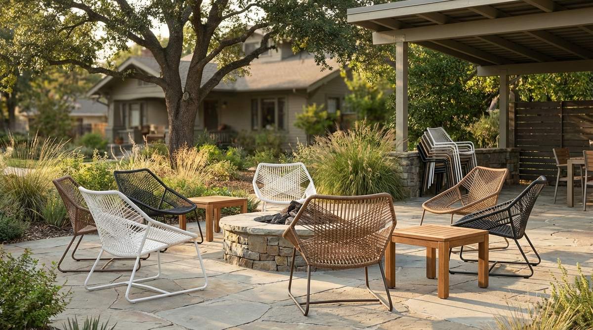 Powder-coated wire mesh lounge chairs with woven seats in a mid-century modern garden arrangement. The metal frame chairs feature crisp profiles in white, black, or bronze finishes that resist weather. Shown arranged in conversational groupings around low tables or fire features, demonstrating easy stacking for seasonal storage in harsh winter climates.