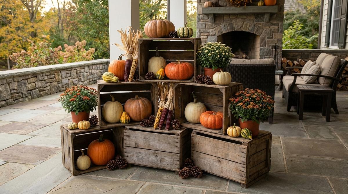 A rustic wooden crate stacking arrangement for fall outdoor decor, featuring vintage crates stacked at varying heights to create multi-level platforms. Displayed with pumpkins, gourds, dried flowers, and pine cones, this setup adds farmhouse authenticity and prevents flat arrangements on porches or patios.