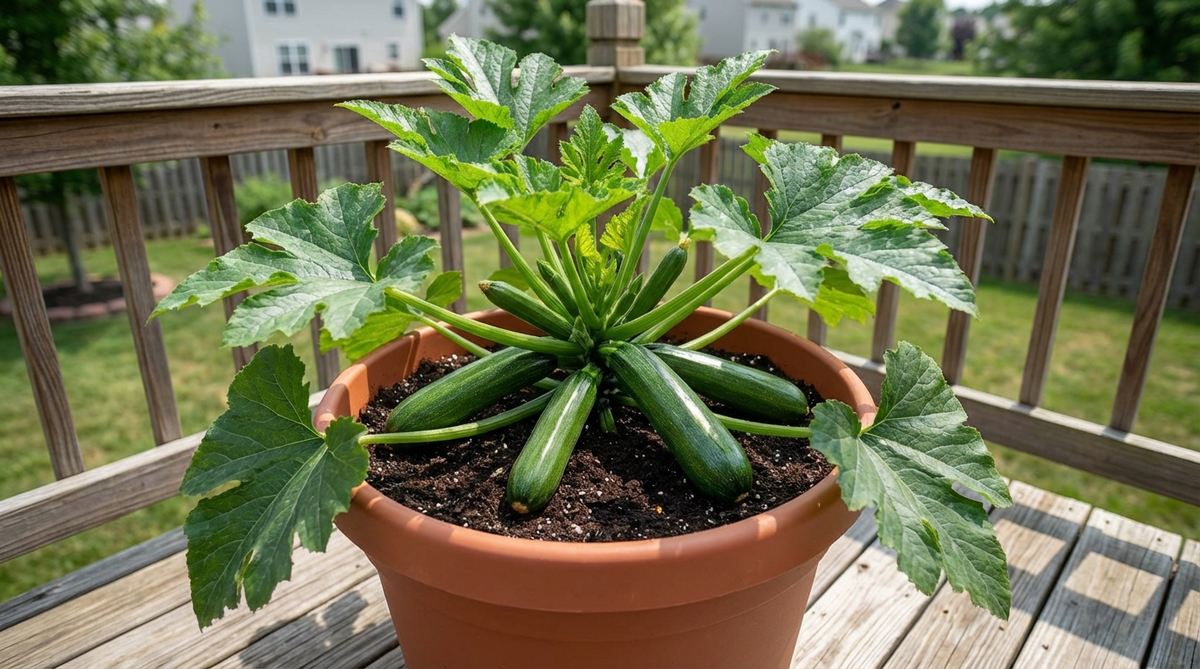 A compact zucchini plant growing in a large container on a sunny balcony, showing full-sized fruits and dramatic large leaves. The plant is in a 5-gallon pot with rich potting soil, demonstrating proper spacing for balcony gardening.