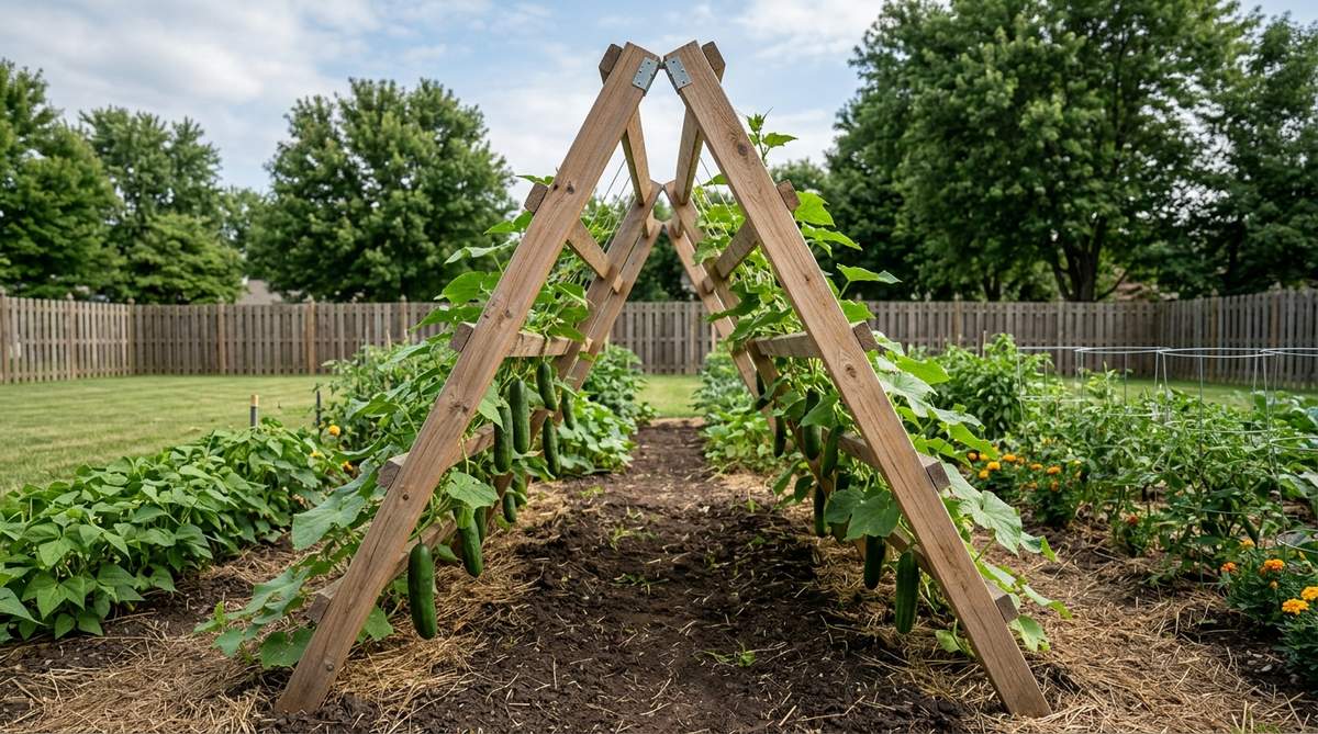 An A-frame cucumber trellis made of wood, featuring two ladder-style panels joined at the peak to form an inverted V shape. It is positioned over planted rows in a garden, with cucumbers climbing both sides for easy harvest. The elevated fruit hangs freely, promoting straight shapes and better air circulation to reduce disease. This portable structure can be disassembled for flat storage and is also suitable for squash, melons, or beans.