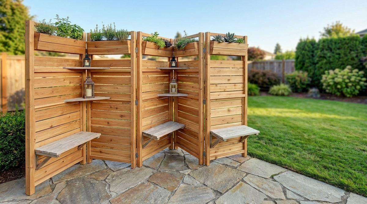 A compact accordion-folding privacy screen with built-in shelf seating, ideal for small garden spaces. This multi-panel design features fold-down seats on each panel and collapses to under 12 inches for easy storage. When deployed, it creates 8-12 feet of privacy barrier with integrated seating. The top rails include planters or candle holders, adding functionality and visual interest while defining outdoor room boundaries. Perfect for blocking sightlines from neighbors, creating wind barriers, or establishing separate zones on patios.