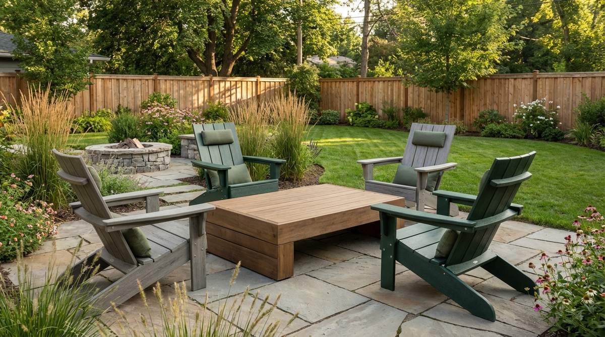 A modern Adirondack-style conversation set featuring classic sloped seating with contemporary updates like lumbar support and wider seats. Made from recycled plastic lumber that requires no painting, with traditional wide armrests for drinks or books, and angled backs designed for relaxed conversation. Available in coastal and earthy color palettes.
